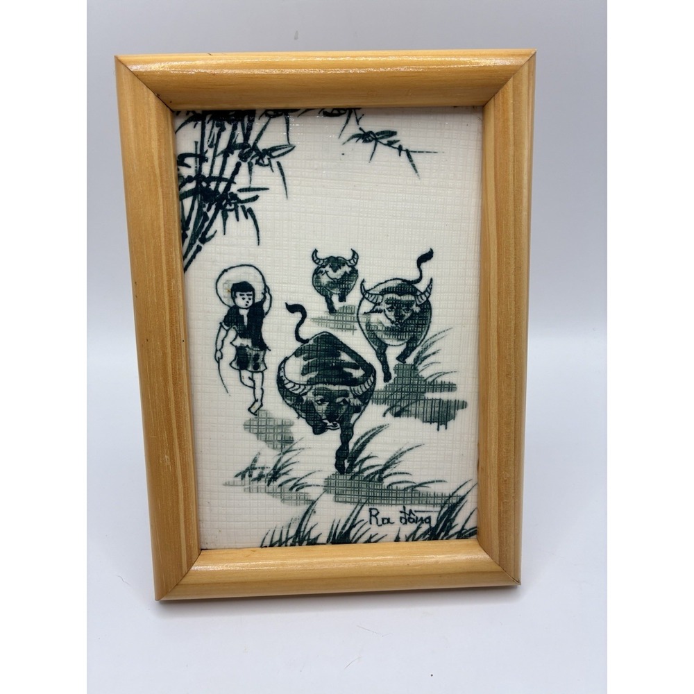 Framed Ceramic Printed ink-wash style painting boy water buffaloes 4x6"